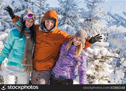 Friends enjoy winter holiday break snow mountains sunny sport
