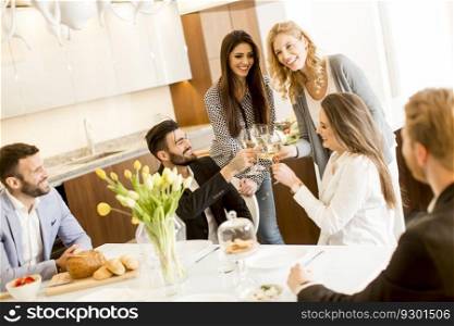Friends interacting while having a meal at dining table and toast with white wine
