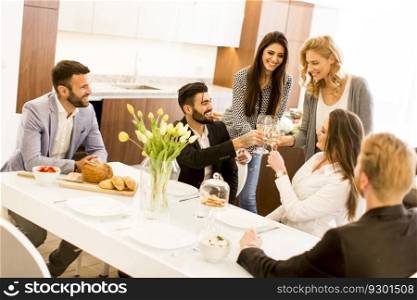 Friends interacting while having a meal at dining table and toast with white wine