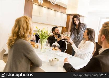 Friends interacting while having a meal at dining table and toast with  white wine