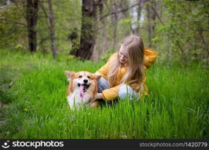 friends - little girl with corgi dog walking outdoors at sunny spring day