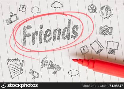Friends note with social media theme and a red marker
