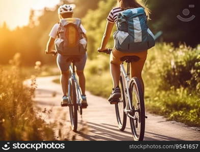 Friends on bicycle forest trip on summer sunny day.AI Generative