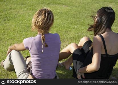 Friends sitting on grass in sun