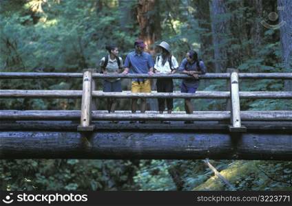 Friends Standing On A Footbridge In The Mountains