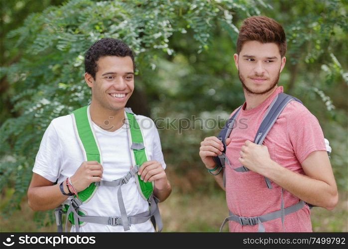 friends with backpacks in the forest