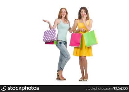 Friends with shopping bags isolated on white