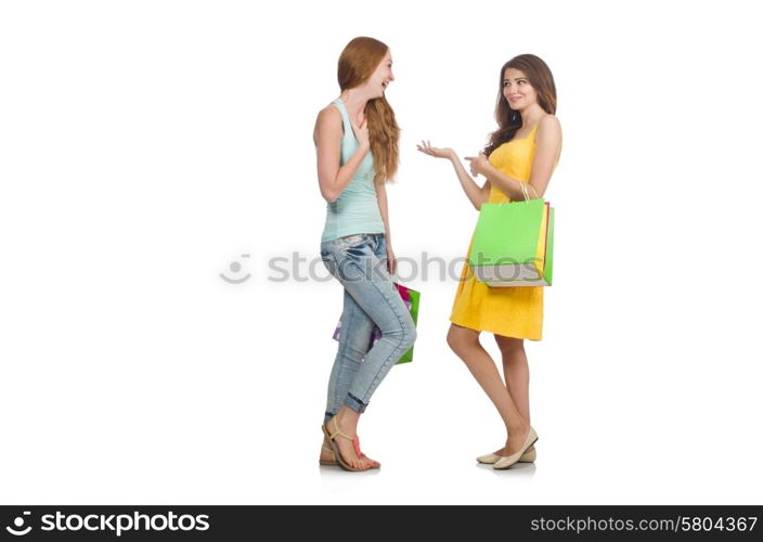 Friends with shopping bags isolated on white