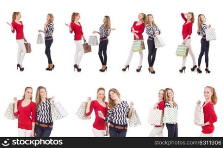 Friends with shopping bags isolated on white. The friends with shopping bags isolated on white