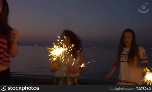 Friends with sparklers dancing at the beach. Group of people celebrating in the evening with banners