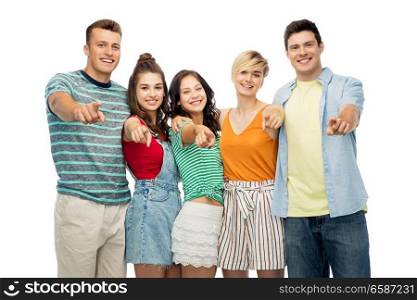 friendship and people concept - group of happy smiling friends hugging over white background pointing at you. happy friends hugging and pointing at you