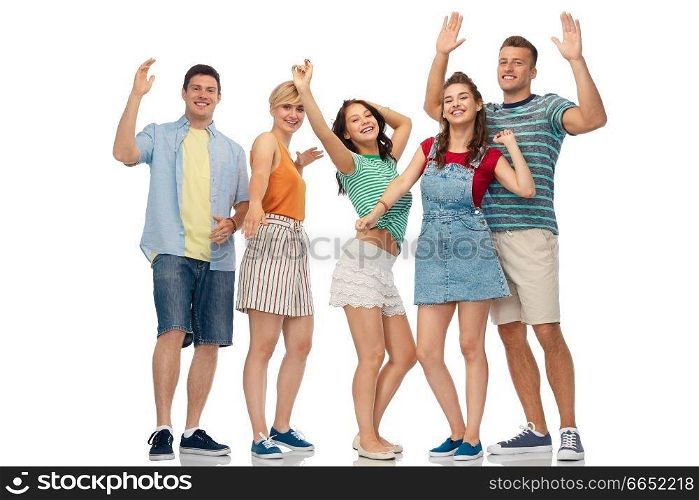 friendship and people concept - group of happy smiling friends over white background. happy friends over white background