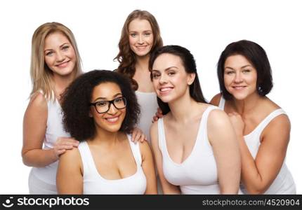 friendship, beauty, body positive and people concept - group of different happy women in white underwear