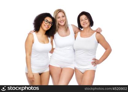 friendship, beauty, body positive and people concept - group of happy plus size women in white underwear