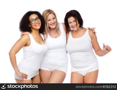friendship, beauty, body positive and people concept - group of happy plus size women in white underwear