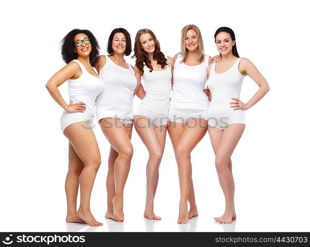 friendship, beauty, body positive and people concept - group of happy women different in white underwear