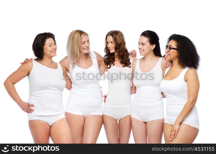 friendship, beauty, body positive and people concept - group of happy women different in white underwear