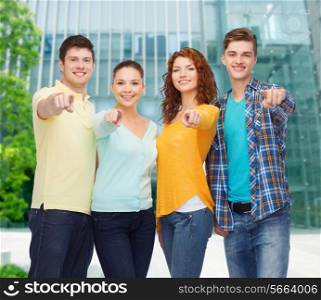 friendship, business, education and people concept - group of smiling teenagers over campus background