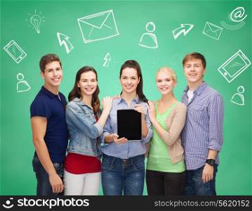 friendship, communication, connection and technology concept - group of smiling students with tablet pc computers and smartphones