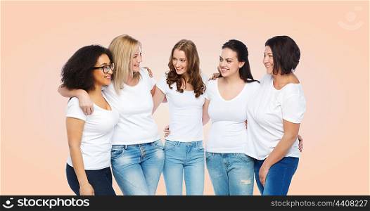 friendship, diverse, body positive and people concept - group of happy different size women in white t-shirts hugging over beige background