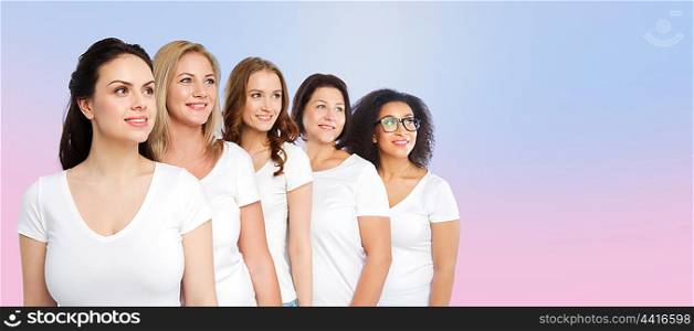 friendship, diverse, body positive and people concept - group of happy different size women in white t-shirts over rose quartz and serenity gradient background