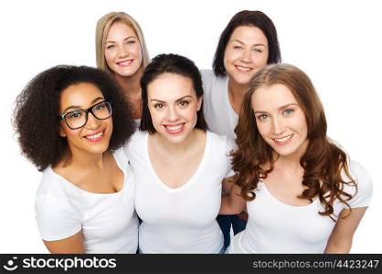 friendship, diverse, body positive and people concept - group of happy different size women in white t-shirts