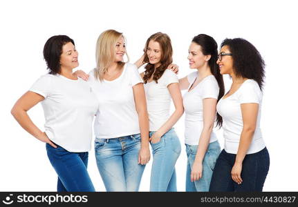 friendship, diverse, body positive and people concept - group of happy different size women in white t-shirts hugging