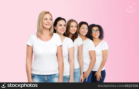 friendship, diverse, body positive and people concept - group of happy different size women in white t-shirts over pink background