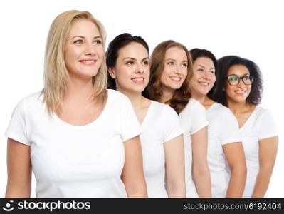 friendship, diverse, body positive and people concept - group of happy different size women in white t-shirts