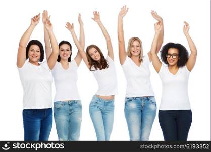friendship, diverse, body positive and people concept - group of happy different size women in white t-shirts with hands raised up