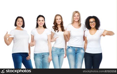 friendship, diverse, body positive and people concept - group of happy different size women in white t-shirts pointing finger to themselves