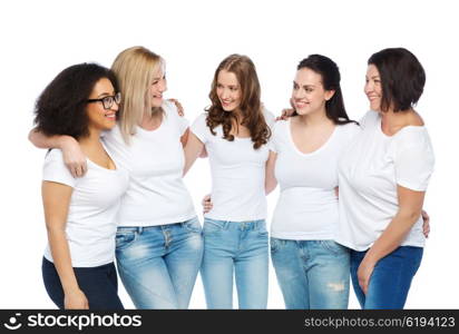 friendship, diverse, body positive and people concept - group of happy different size women in white t-shirts hugging