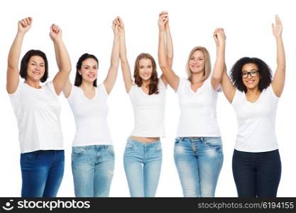 friendship, diverse, body positive and people concept - group of happy different size women in white t-shirts holding hands up