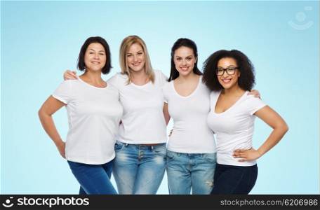 friendship, diverse, body positive and people concept - group of happy different size women in white t-shirts hugging over blue background
