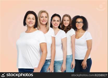 friendship, diverse, body positive and people concept - group of happy different size women in white t-shirts over beige background