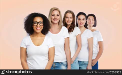 friendship, diverse, body positive and people concept - group of happy different size women in white t-shirts over beige background
