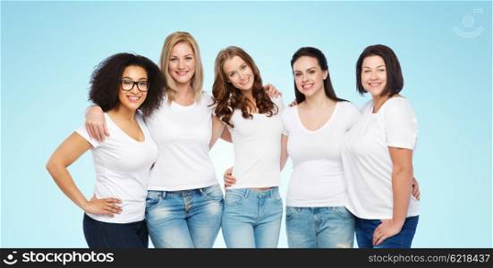 friendship, diverse, body positive and people concept - group of happy different size women in white t-shirts hugging over blue background