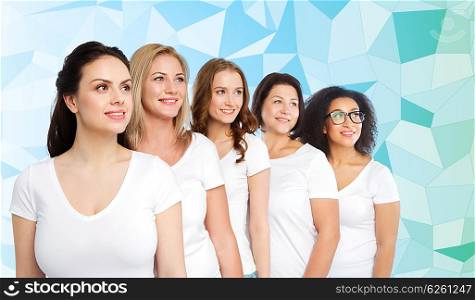 friendship, diverse, body positive and people concept - group of happy different size women in white t-shirts over blue low poly background