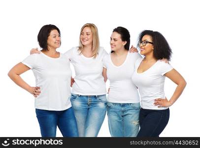 friendship, diverse, body positive, communication and people concept - group of happy different size women in white t-shirts hugging and talking