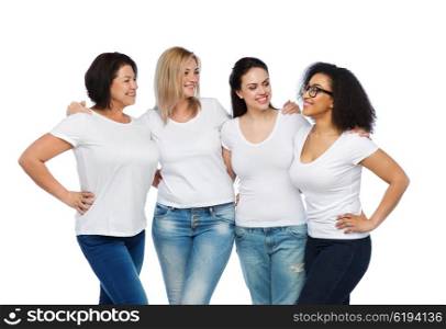 friendship, diverse, body positive, communication and people concept - group of happy different size women in white t-shirts hugging and talking