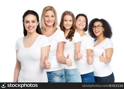 friendship, diverse, body positive, gesture and people concept - group of happy different size women in white t-shirts showing thumbs up