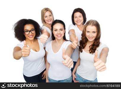 friendship, diverse, body positive, gesture and people concept - group of happy different size women in white t-shirts showing thumbs up