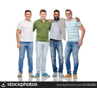 friendship, diversity, ethnicity and people concept - international group of happy smiling men over white