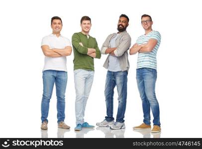 friendship, diversity, ethnicity and people concept - international group of happy smiling men over white