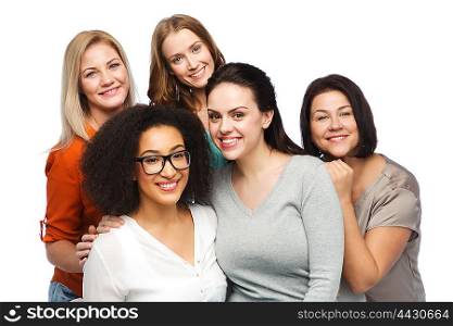 friendship, fashion, body positive, diverse and people concept - group of happy different women in casual clothes