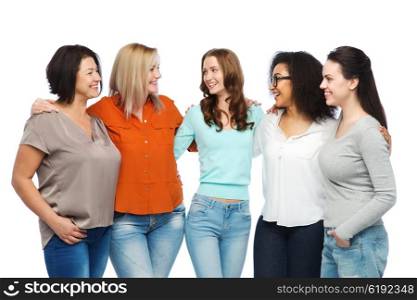 friendship, fashion, body positive, diverse and people concept - group of happy different size women in casual clothes