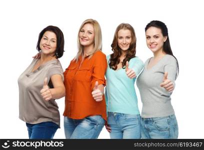 friendship, fashion, body positive, gesture and people concept - group of happy different size women in casual clothes showing thumbs up
