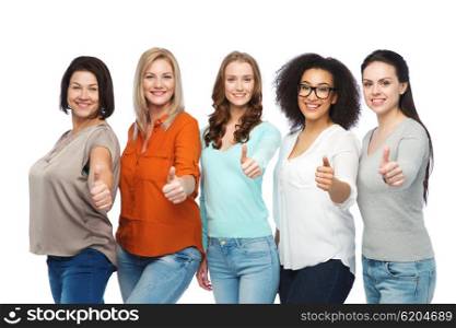 friendship, fashion, body positive, gesture and people concept - group of happy different size women in casual clothes showing thumbs up