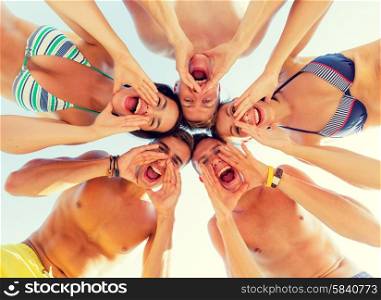 friendship, happiness, summer vacation, holidays and people concept - group of smiling friends wearing swimwear standing in circle and shouting over blue sky