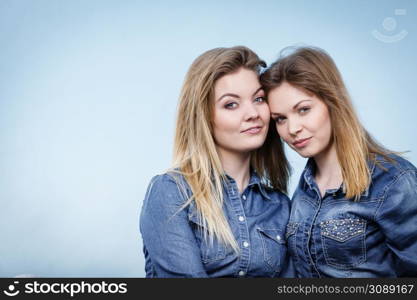 Friendship, human relations concept. Two happy women friends or sisters wearing jeans shirts having fun conversation.. Two happy women friends wearing jeans outfit